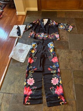 Black Floral Wide-Leg Satin Pants — Vibrant Multicolor Print